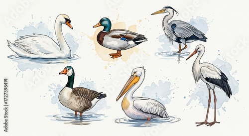 An elegant hand-painted watercolor collection featuring six distinct water birds like the swan, duck, and heron, isolated with artistic paint splatters