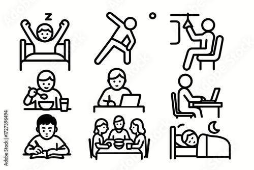 Daily Routine Icons. Situations icons in outline style: morning wake-up, person exercising, person eating breakfast, person commuting, person working
