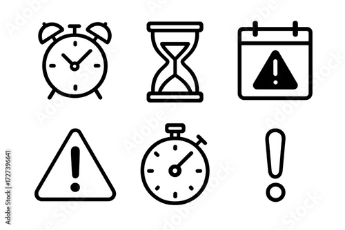Time Pressure Icons. Time pressure icons in outline style: alarm clock, sand hourglass, calendar page, warning triangle, stopwatch, exclamation mark