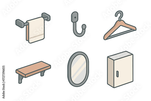 Modern Wall Fixtures. Wall fixtures set icons in modern isometric flat : towel rack, hook, hanger, shelf, mirror, cabinet