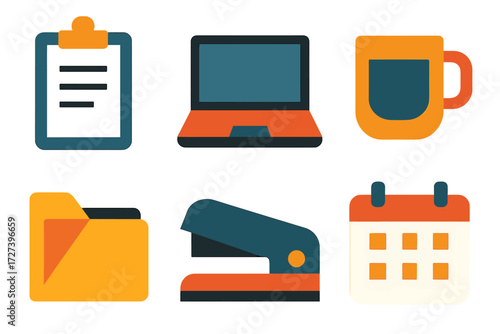 Office Icons. Office tools set of icons in abstract flat : invoice pad, laptop, coffee mug, folder, stapler, calendar