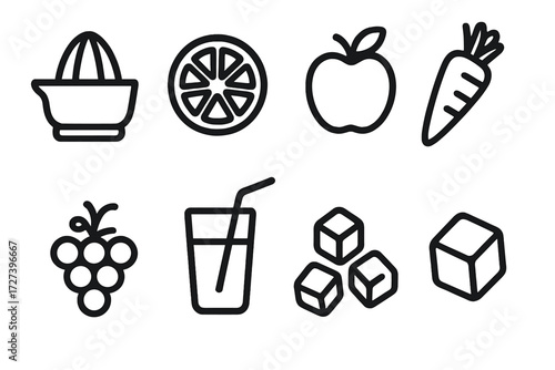 Fresh Juice Icon Set. Fresh juice icons in outline style: juicer, orange slice, apple, carrot, grapes, glass of juice, straw, ice cubes.