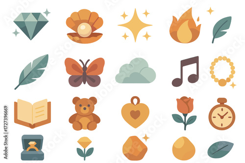 Icon Set. Precious objects set of icons in abstract flat : diamond, pearl, shining star, glowing flame, feather, butterfly, soft cloud, musical note