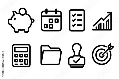 Financial Planning Icons. Financial planning icons in outline style: piggy bank, calendar, checklist, rising graph, calculator, folder, approval