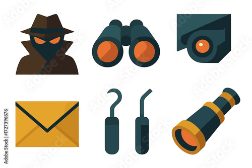 Spy Icons. Spying icons set of icons in abstract flat : sneaky shadow, binoculars, hidden camera, envelope, lockpick, spyglass