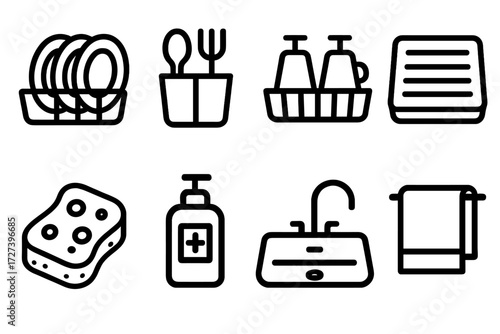 Kitchen Dish Rack Icons. Kitchen dish rack icons icons in outline style: dish rack with plates, drying rack with cutlery, dish rack with cups,