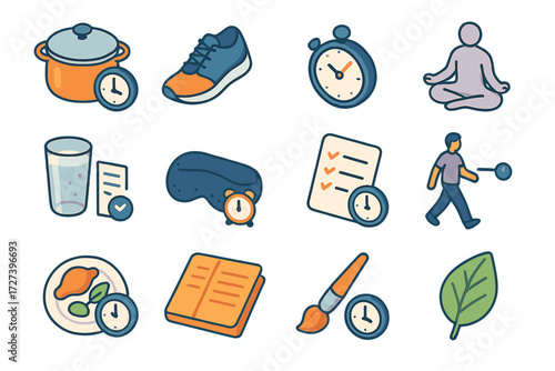 Isometric Task Icons. Personal task timing set icons in modern isometric flat : cooking pot with clock, exercise shoe with stopwatch, book with timer,