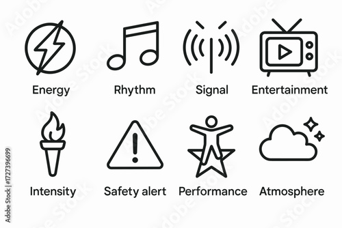 Concept Icons Collection. Concepts icons in outline style: energy, rhythm, signal, entertainment, intensity, safety alert, performance, atmosphere