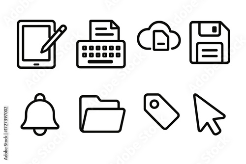 Digital Note Icons. Digital note set icons in outline style: tablet with stylus, keyboard with note, cloud storage, save disk, reminder bell, folder