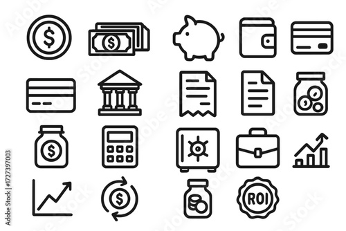 Financial Icon Collection. Finance basics icons in outline style: dollar coin, cash stack, piggy bank, wallet, credit card, bank building, receipt,