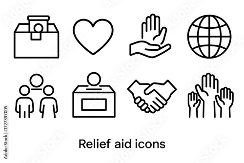 Relief Aid Icons. Relief aid icons in outline style: care package, heart, helping hand, globe, family group, donation box, partnership hands, raised