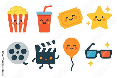 Playful Movie Icon Set. Playful movie night icons in modern flat vector : smiling popcorn box, happy soda, cheerful ticket, glowing star, cartoon film