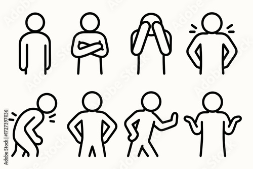 Body Language Icons. Postures icons in outline style: turned away, defensive stance, head in hands, tense shoulders, leaning aggressively forward,