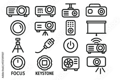 Projector Device Icons. Device basics icons in outline style: digital projector, mini projector, ceiling-mounted projector, portable projector, lens