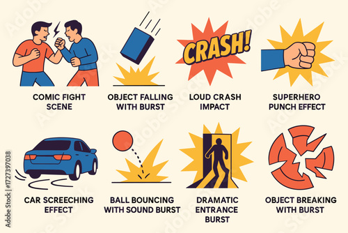 Vibrant Comic Impact. Situations in modern flat vector : comic fight scene, object falling with burst, loud crash impact, superhero punch effect, car