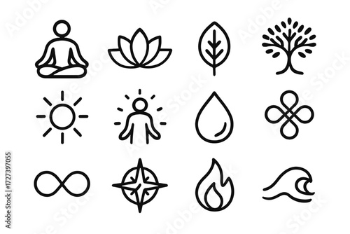 Wellness Icon Collection. Wellness kindness icons in outline style: yoga pose, lotus flower, wellness leaf, tree of life, radiant sun, glowing aura,