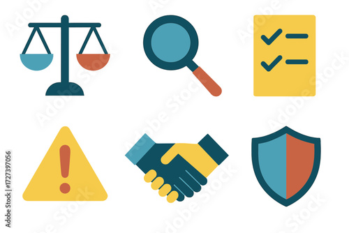 Abstract Fairness Icons. Fairness review set of icons in abstract flat : balanced scale, magnifying glass, checklist, warning triangle, handshake,