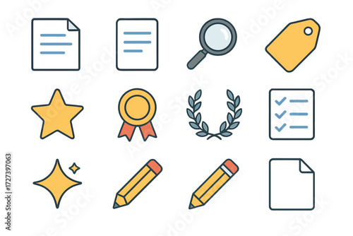 Isometric Icon Set. Basic meta description set icons in modern isometric flat : document icon, text lines, magnifying glass, tag, label, star emblem,