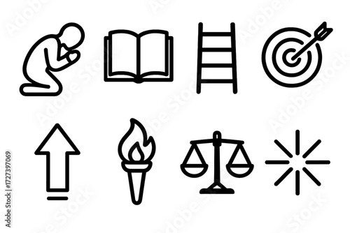 Personal Growth Icons. Personal growth icons in outline style: humble pride, book, ladder, target dart, upward arrow, torch flame, balance scale,