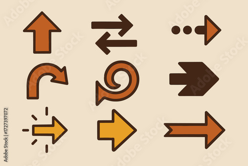 Arrow Icons. Objects set of icons in abstract flat : upward arrow, double arrow, curved arrow, dotted arrow, spiral arrow, thick arrow, glowing