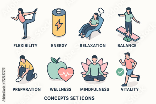 Isometric Wellness Icons. Concepts set icons in modern isometric flat : flexibility, energy, relaxation, balance, preparation, wellness, mindfulness,