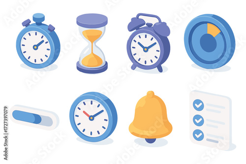 Isometric Time Icons. Time tracking set icons in modern isometric flat : stopwatch, sand timer, alarm clock, countdown circle, progress bar, clock