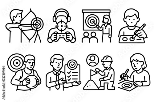 Aiming for Success. Situations icons in outline style: archer hitting bullseye, gamer aiming sight, business team presenting goal, student marking