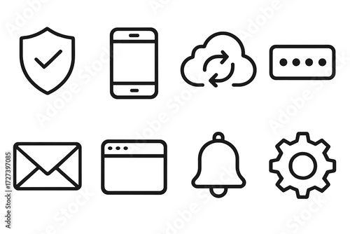 Digital Icon Set. Digital icons icons in outline style: trust badge, smartphone, cloud sync, password dots, email envelope, app window, notification