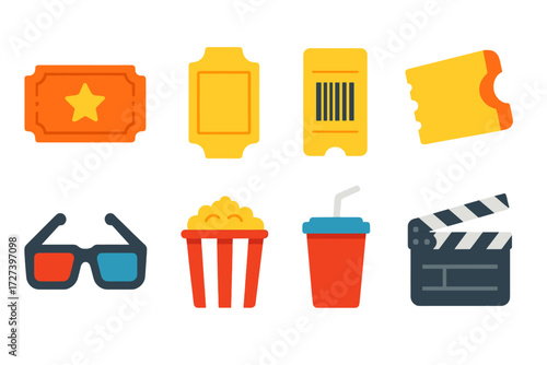 Cinema Icon Set. Cinema ticket icons in modern flat vector : classic movie ticket, admit one stub, barcode ticket, ripped edge ticket, 3D glasses,