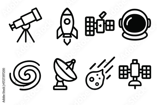 Space Exploration Icons. Space exploration icons in outline style: telescope, rocket, satellite, astronaut helmet, galaxy swirl, radar dish, meteor,