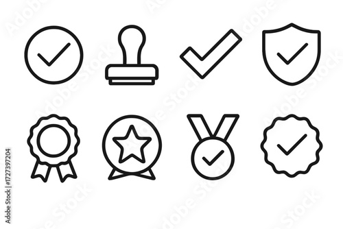Approval Icons Collection. Approval icons icons in outline style: verified mark, stamp, checkmark, shield with check, ribbon badge, star badge, medal