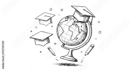 Hand Drawn Globe with Graduation Caps and Pencils Sketch Illustration