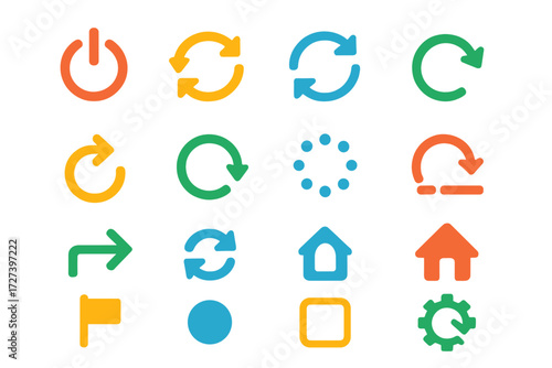 Modern Icon Set. Default symbols in modern flat vector : power button, reset arrows, refresh arrows, undo arrow, redo arrow, circular arrows, dotted