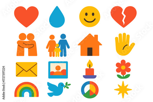 Emotional Icons Collection. Emotional closings in modern flat vector : heart, tear drop, smiley face, broken heart, hug figures, family group, home,
