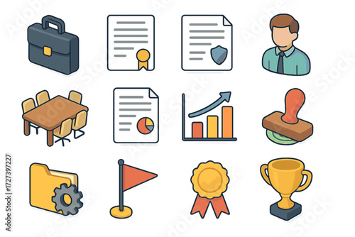 Revenue Stream Icons. Business revenue stream set icons in modern isometric flat : briefcase, contract paper, policy document, supervisor figure,