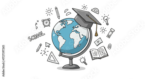 World Globe Wearing Gray Graduation Cap on White Background