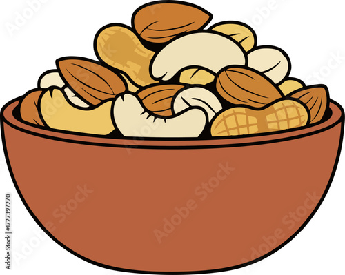Cartoon Bowl of Mixed Nuts Vector – Peanuts, Cashews, Almonds, Snack Food Illustration, Healthy Snack Clipar