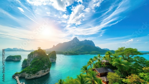 Tropical island paradise with turquoise water, mountains, and lush vegetation
