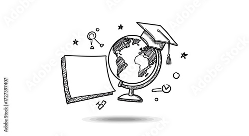 Sketch Style Globe Topped with Mortarboard and Blank Paper
