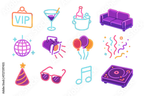 Club VIP Icons. Club VIP area set icons in modern isometric flat : neon sign, cocktail glass, bottle with ice bucket, sofa, disco ball, strobe light,