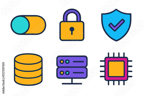 Modern System Tools Icons. System tools in modern flat vector : enable option, lock, shield, database, server, chip