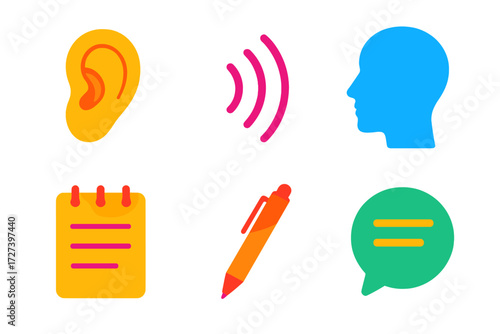 Active Listening Icons. Active listening in modern flat vector : ear, sound waves, head profile, notebook, pen, chat bubble