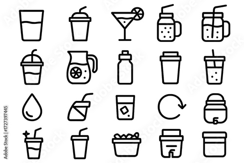Beverage Icon Set. Usage icons in outline style: glass of water, soda cup, cocktail glass, smoothie jar, iced coffee cup, lemonade pitcher, sports