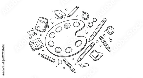 Sketch of Art Supplies Palette, Crayons, and Education Objects