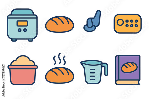 Modern Bread Maker Icons. Kitchen bread maker icons in modern flat vector : bread machine, loaf of bread, kneading paddle, control panel, rising dough