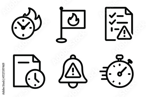 Urgent Task Icons. Urgent tasks icons in outline style: clock with flame, deadline flag, checklist with exclamation, overdue paper, red alert bell,