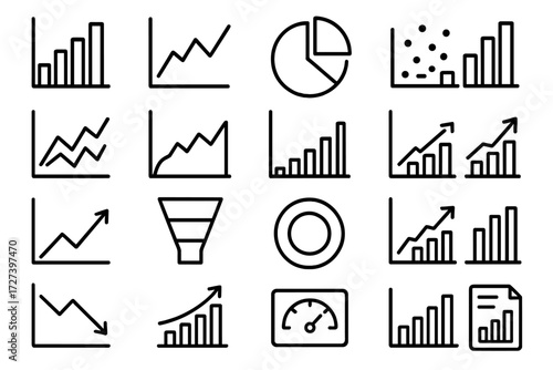 Graph Icon Collection. Graph basics icons in outline style: bar chart, line graph, pie chart, stacked bars, dual line graph, area chart, scatter plot