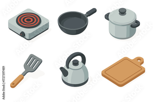 Isometric Kitchen Icons. Kitchen cooking set icons in modern isometric flat : stovetop, frying pan, pot, spatula, kettle, cutting board