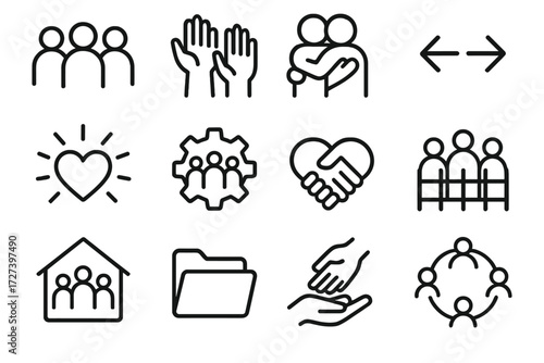 Icons of Fair Treatment. Fair treatment icons in outline style: group silhouettes, diversity hands, supportive hug, equal arrows, heart with rays,