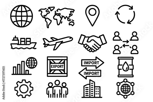 Global Business Icons. Global context icons in outline style: globe, world map, map pin, trade arrows, cargo ship, airplane, handshake deal,